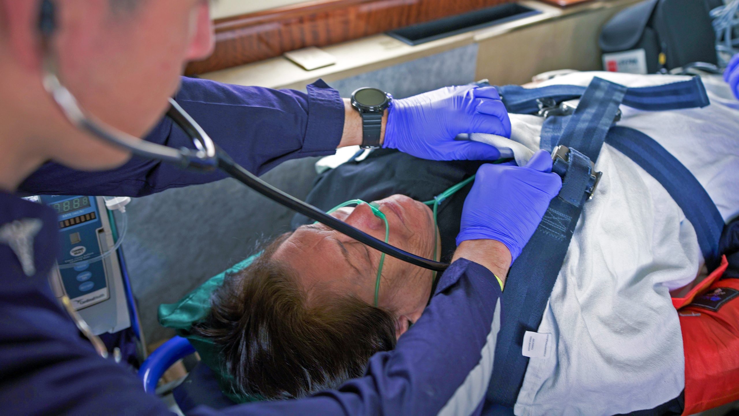Fixed-wing air ambulance interior prepared for immunocompromised patient transport