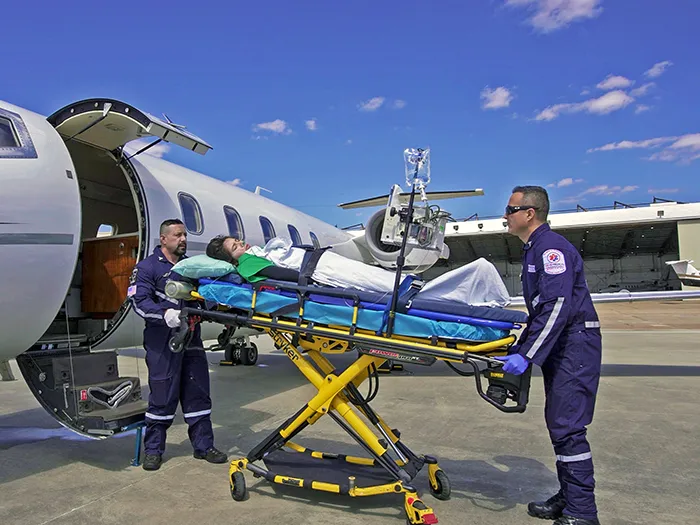 ICU-configured fixed-wing air ambulance interior prepared for patient transport